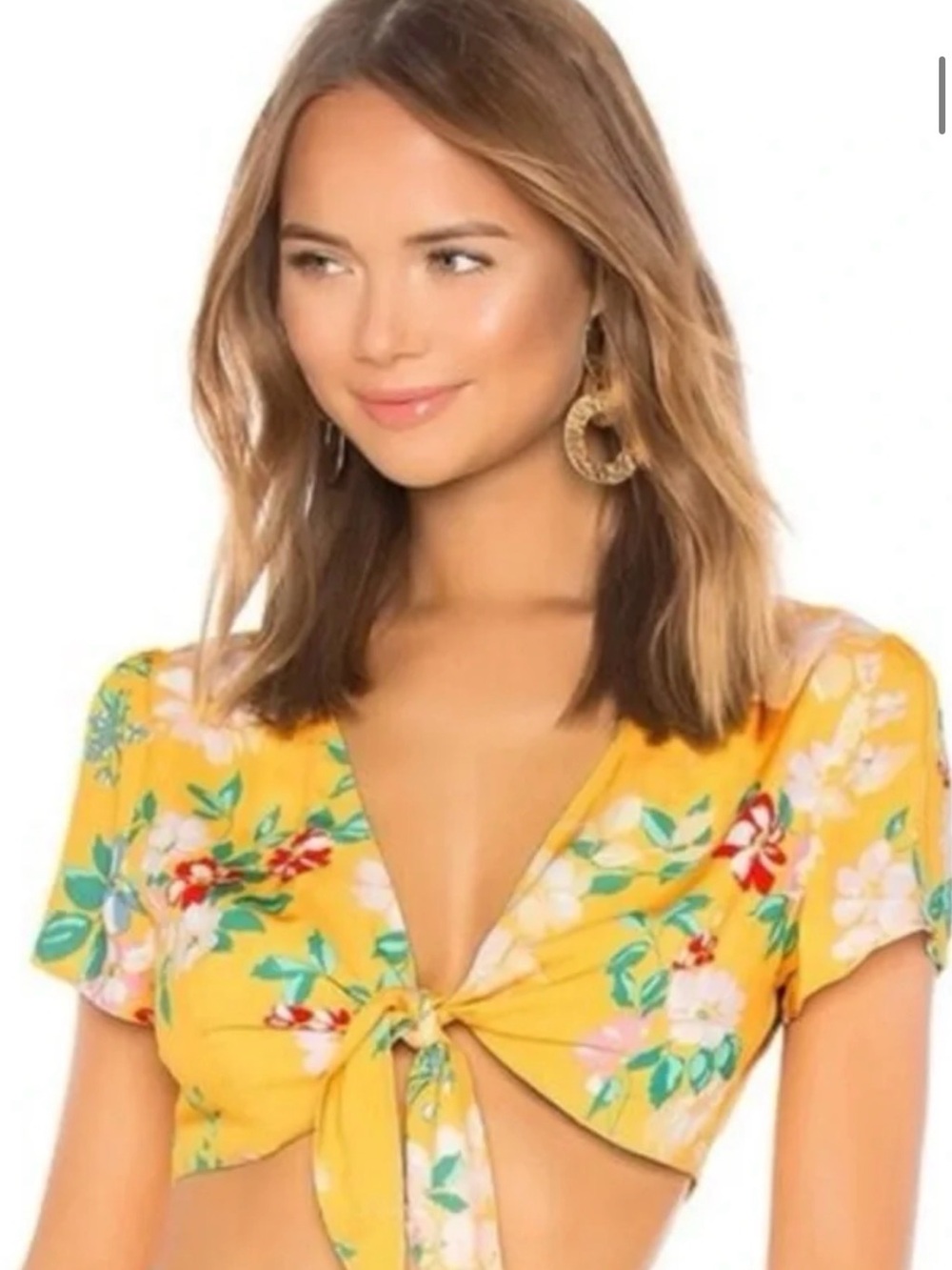Yumi Kim Yellow Floral Tie-Front Crop Blouse
